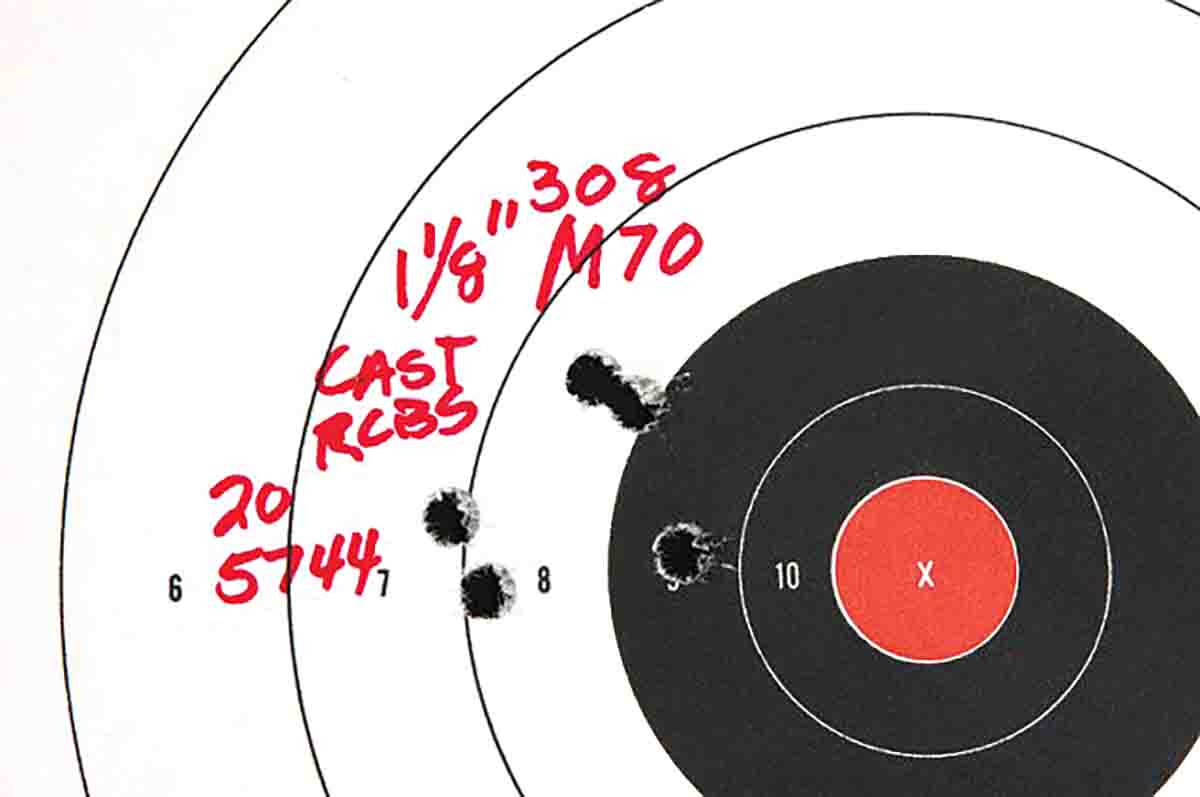 This was the first cast-bullet group fired at 100 yards with the Model 70 Featherweight and bullets from RCBS mould 308-200-SIL.